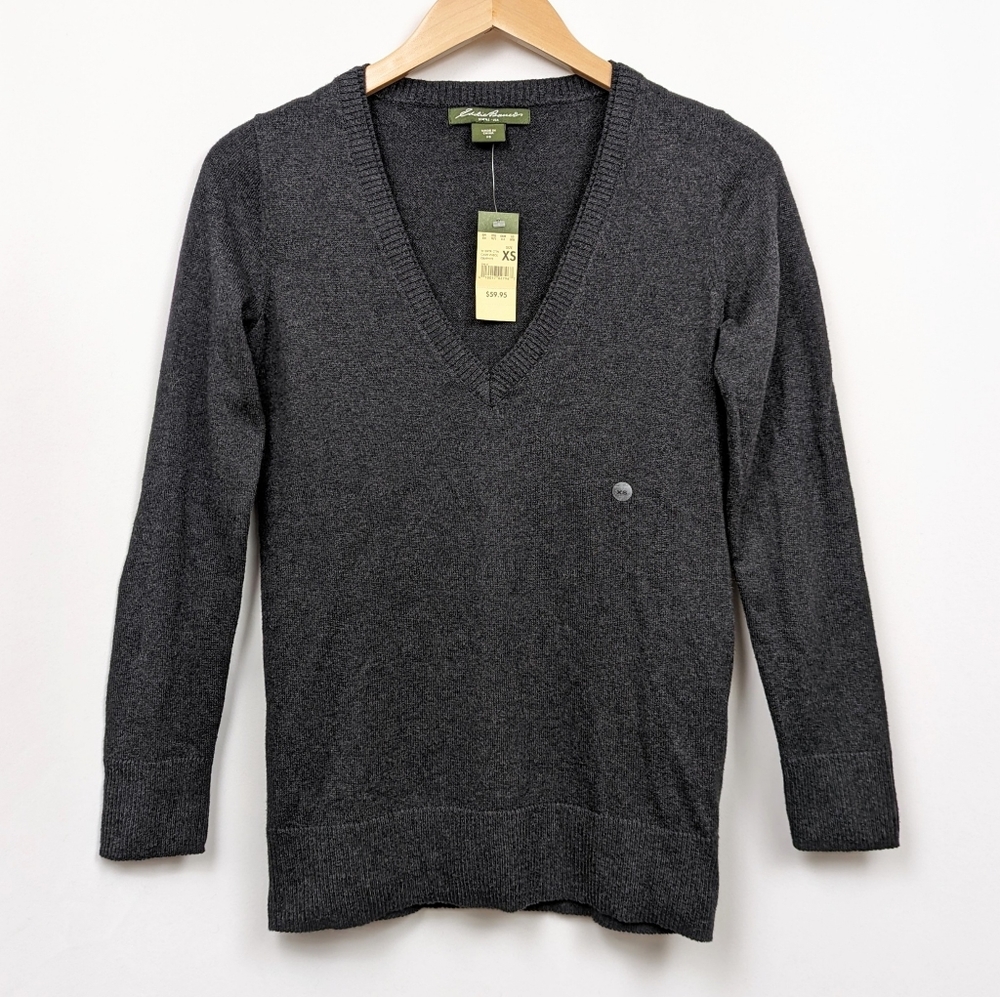 Eddie Bauer V-Neck Sweater Cotton & Cashmere Gray Classic Neutral Preppy XS NWT